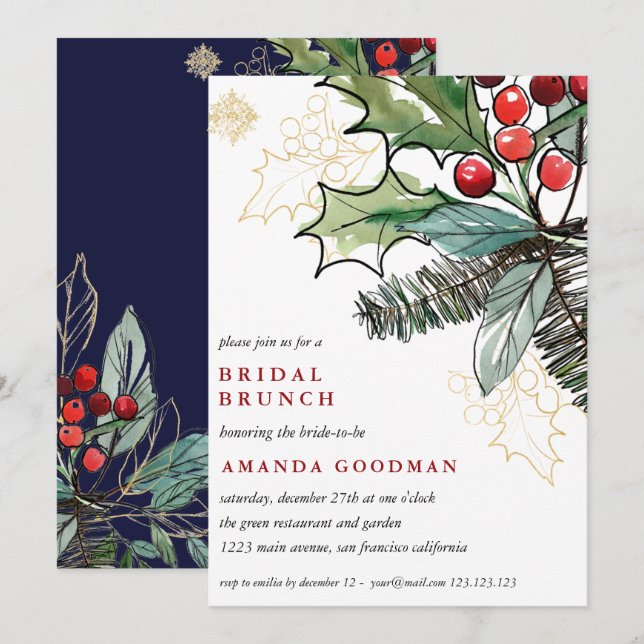 Holly Berries jul Möhippa Brunch Bröllop  Inbjudningar (Fram/baksida)
