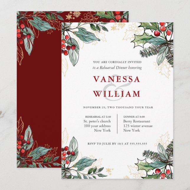 Holly Berries jul Rehearsal Dinner Bröllop Inbjudningar (Fram/baksida)