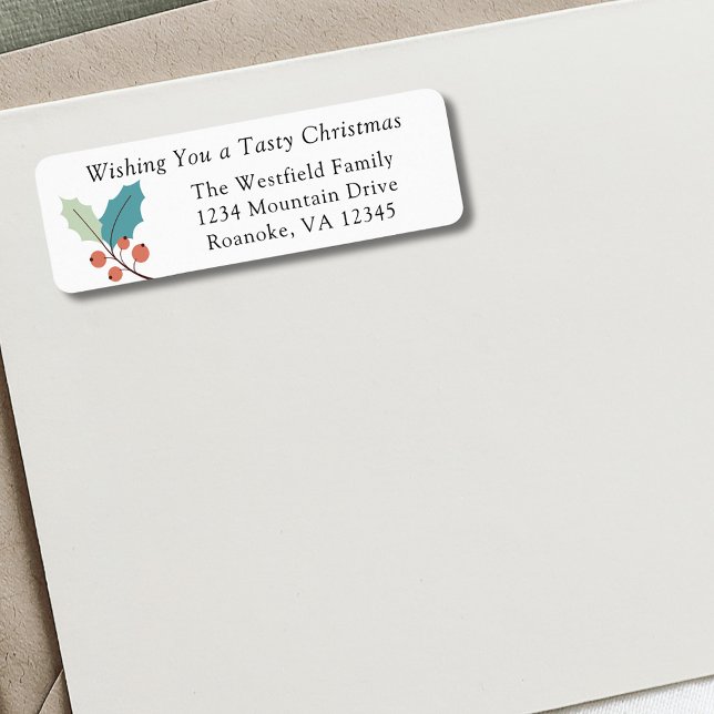 Holly Berries jul Theme Returadress Returadress Etikett (Wishing You a Tasty Christmas Holly and Red Berries Return Address Label)