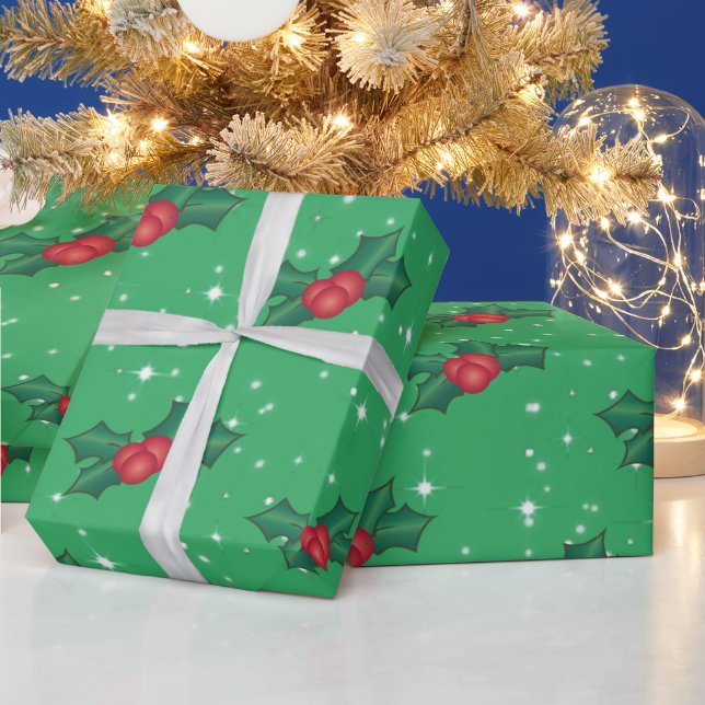 Holly Berries med Snö och Stars on Sea Grönt Presentpapper (Helgdagar)