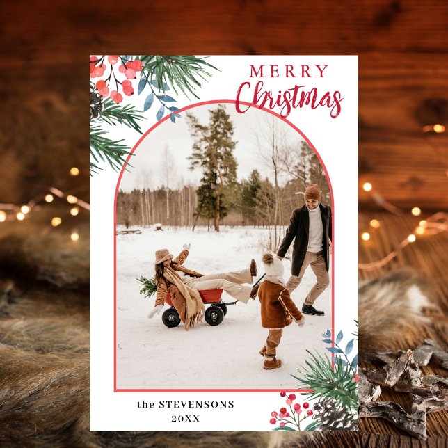 Holly Berries Merry Christmas Chic Arch Photo Julkort (Skapare uppladdad)
