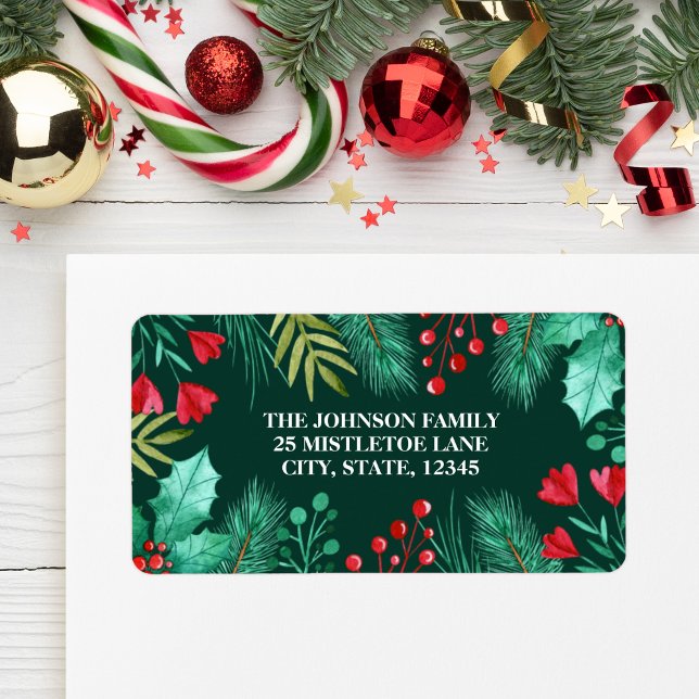 Holly, Berries och Grönt Löv Watercolor Adressetikett (Holly, Berries and Green Leaves Watercolor Label)