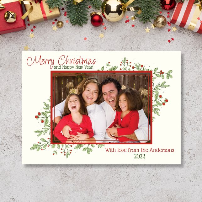 Holly Berries och löv Photo jul Card Julkort (Holly Christmas Card with 1 photo)
