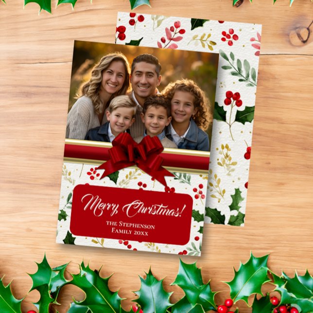 Holly Berries och Red Bow Anpassningsbar Photo jul Julkort (holly berries and bow custom photo christmas card
)