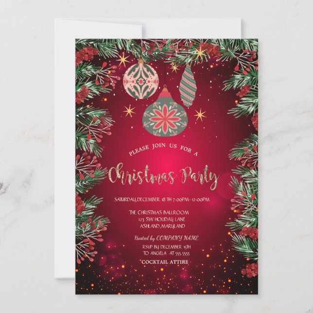 Holly Berries Ornaments Red Company jul Inbjudningar (Framsida)