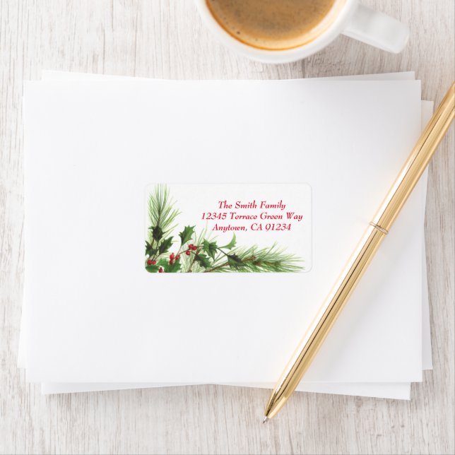Holly Berries & Pine Winter Holiday Address Labels Adressetikett (Insitu)
