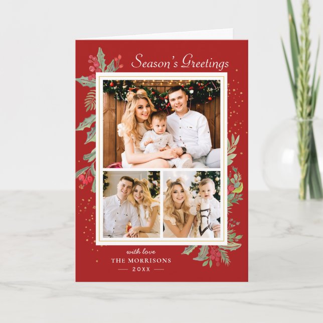 Holly Berries Red jul Guld Confetti 3 Photo Helgkort (Framsida)