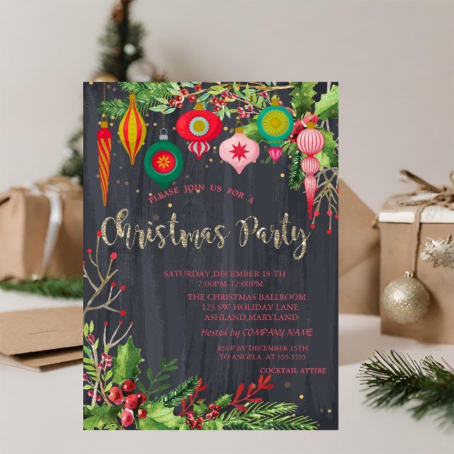 Holly Berries,Retro Bollar Black-julen Inbjudningar (Skapare uppladdad)
