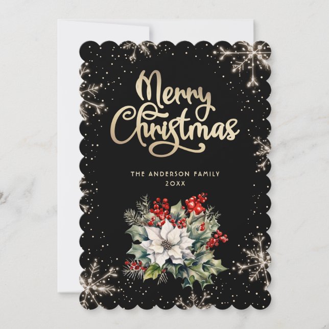 Holly Berries Snowflakes Black Gold Christmas Card Julkort (Framsida)