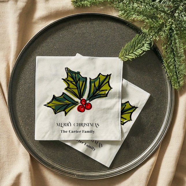 Holly Berries Watercolor jul Illustration Pappersservett (Holly Berries Watercolor Christmas Sketch Illustration Holiday Party Napkins)