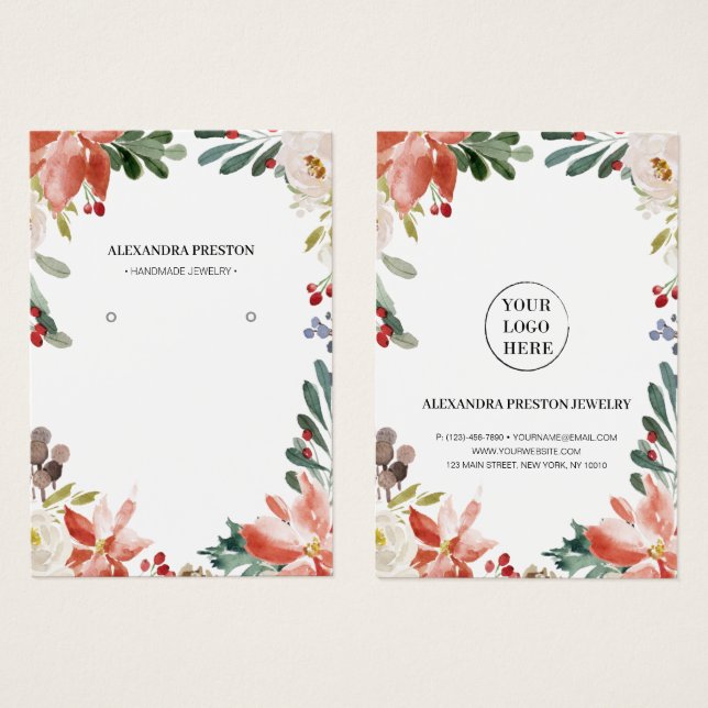 Holly Berries Winter Blommigt Earring Visning Card Visitkort (Framsida & baksida)