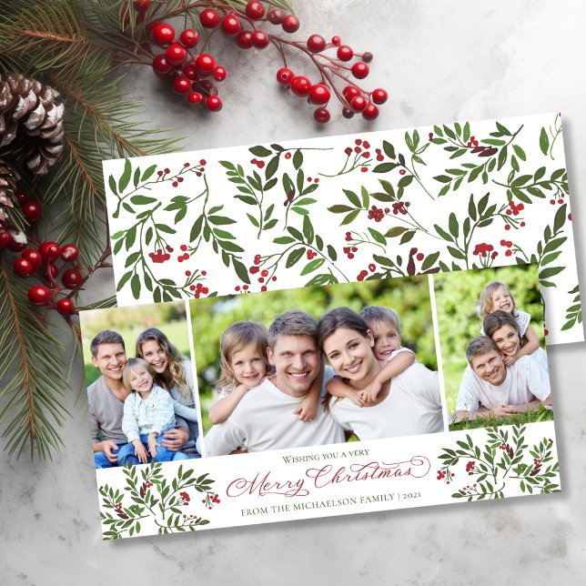 Holly Berry 3 Photo jul Modern Julkort (Holly Berry 3 Photo Christmas Modern Holiday Card)