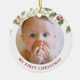 Holly Berry Baby first Christmas Photo Holiday Julgransprydnad Keramik