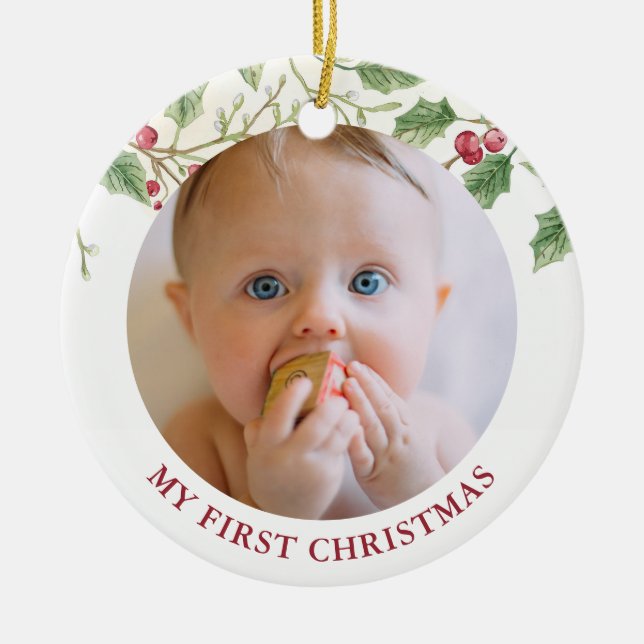 Holly Berry Baby first Christmas Photo Holiday Julgransprydnad Keramik (Framsidan)