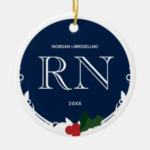 Holly Berry Blue White RN Nurse Julgransprydnad Keramik