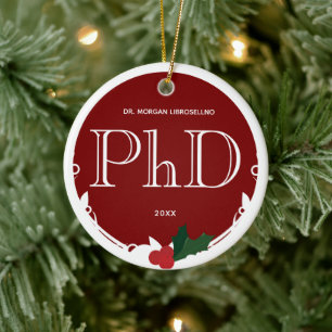 Holly Berry Burgundy White PhD Studenten Namn Julgransprydnad Keramik