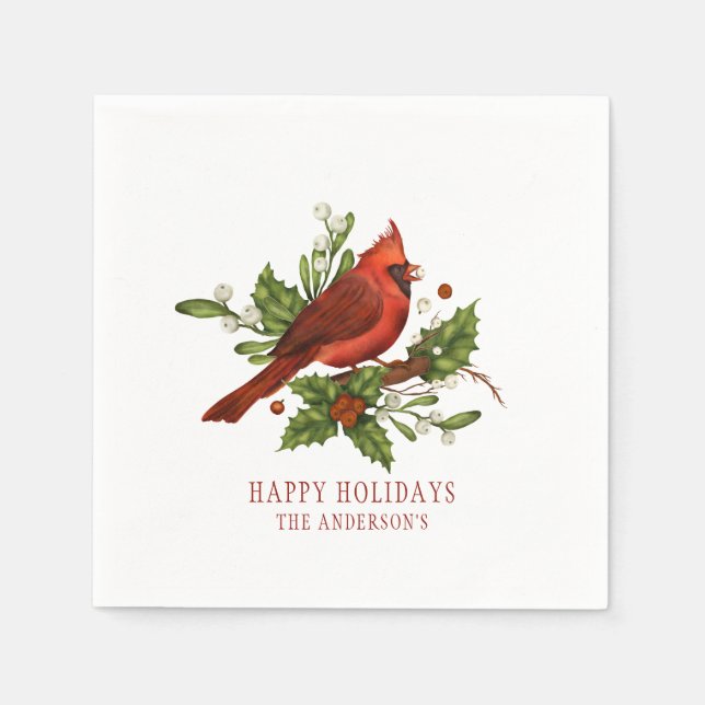 Holly Berry Cardinal Helgdag Monogram Mistletoe Pappersservett (Framsidan)