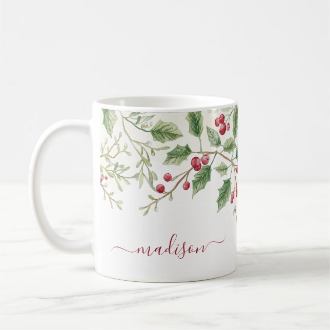 Holly Berry Christmas Holiday | Custom Script Name Kaffemugg (Vänster)