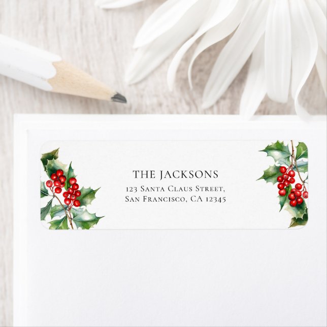 Holly Berry Christmas Holiday Return Address Returadress Etikett (Insitu)