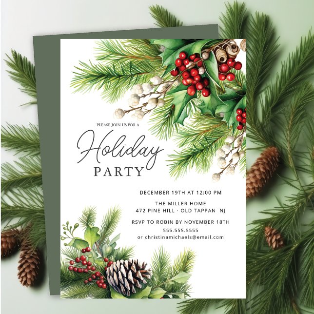 Holly Berry Evergreen Julfest Inbjudningar (Skapare uppladdad)