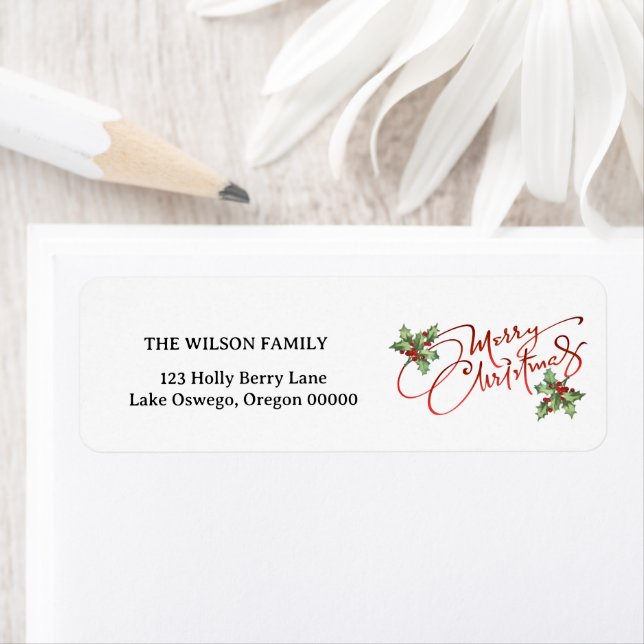 Holly Berry Gradient Red Script God jul Returadress Etikett (Insitu)
