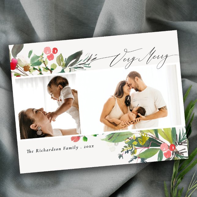 Holly Berry Gräs Mycket God jul 2 Photo Vykort (Skapare uppladdad)