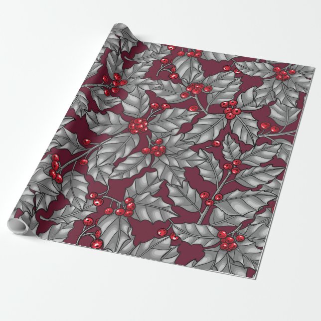 Holly berry, gray leaves on dark red presentpapper (Utrullad)