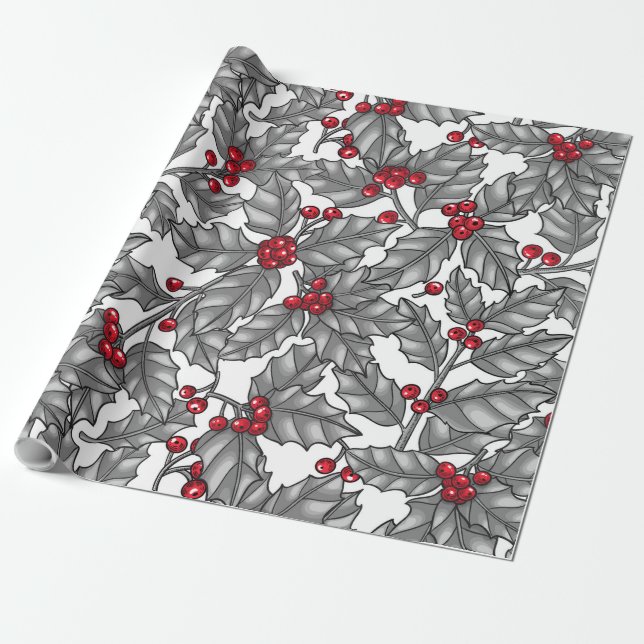 Holly berry, gray leaves on white presentpapper (Utrullad)