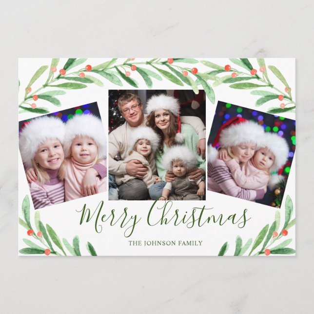 Holly Berry Gren 3 PHOTO jul Hälsning Julkort (Framsida)
