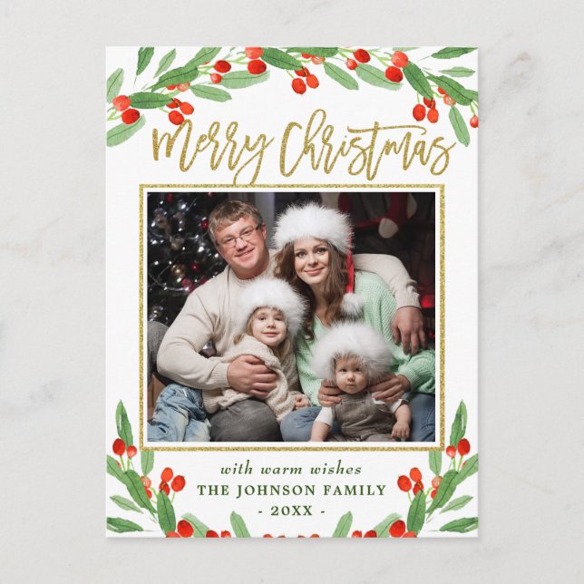 Holly Berry Gren PHOTO jul Hälsning Vykort (Framsida)