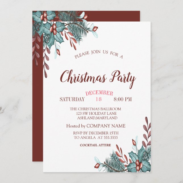 Holly Berry Grenar julföretag Party Inbjudningar (Fram/baksida)