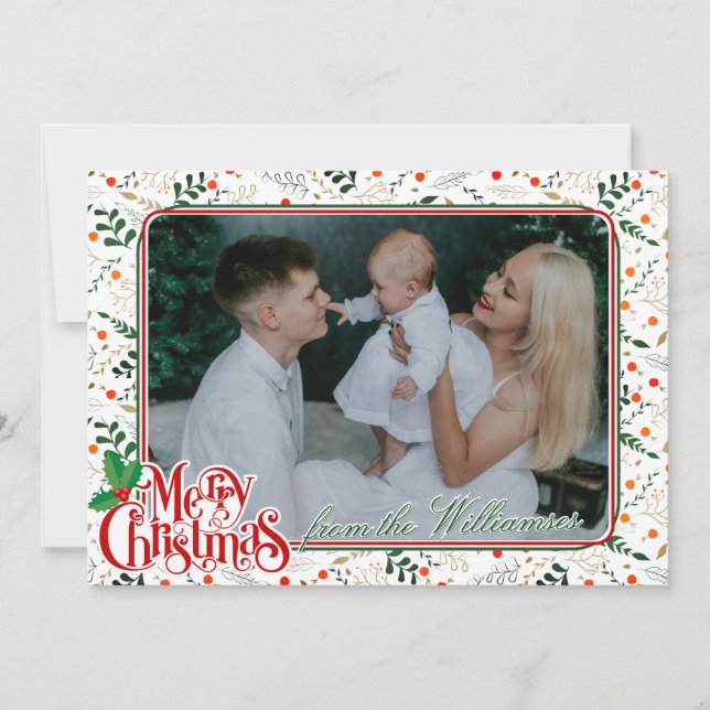 Holly Berry Grenar Modern God jul Photo Julkort (Framsida)