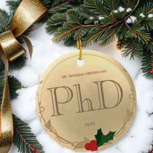 Holly Berry Guld PhD Studenten Namn Julgransprydnad Keramik