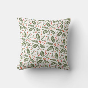 Holly Berry Hand plockade Illustration Mönster Grö Kudde