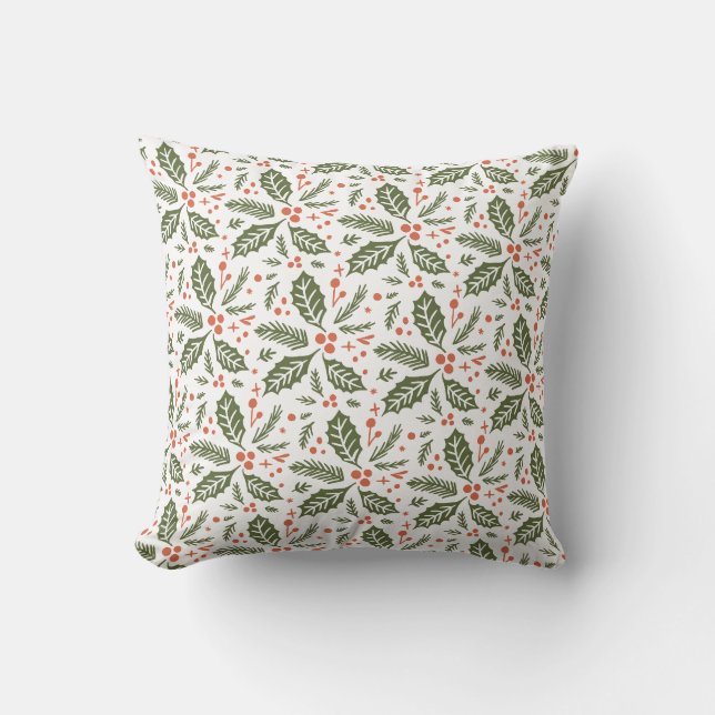 Holly Berry Hand plockade Illustration Mönster Grö Kudde (Framsida)