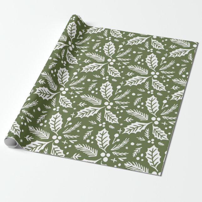 Holly Berry Hand plockade Illustration Mönster Grö Presentpapper (Utrullad)