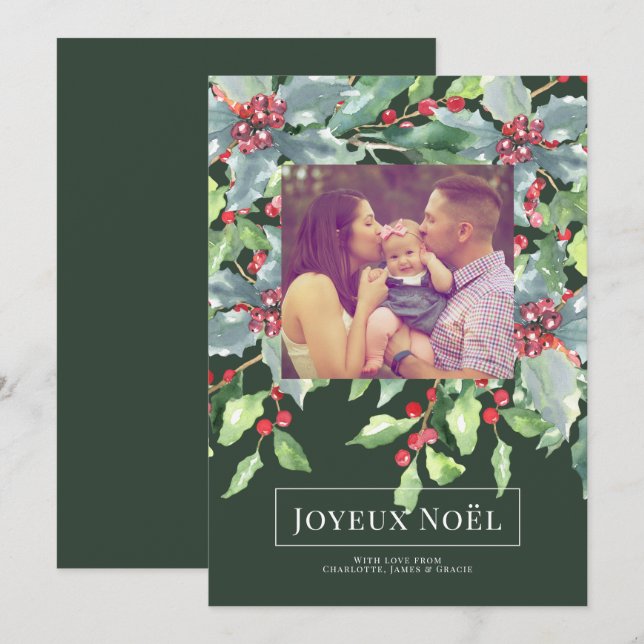 Holly Berry Joyeux Noël Elegant-julkort Inbjudningar (Fram/baksida)