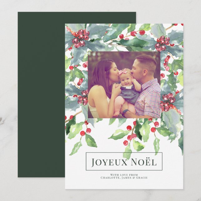 Holly Berry Joyeux Noël Elegant-julkort Inbjudningar (Fram/baksida)
