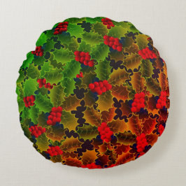 Holly berry löv red grönt glowing vinterhearings rund kudde