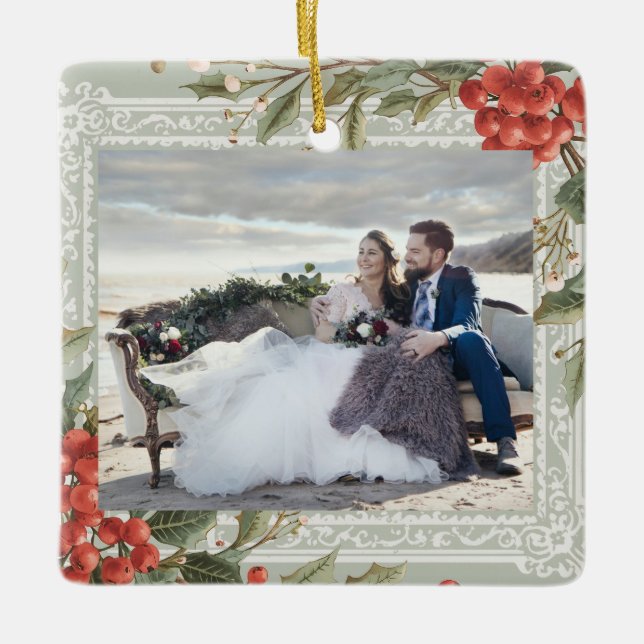 Holly Berry Mistletoe Christmas Wedding Vintage Julgransprydnad Keramik (Framsida)