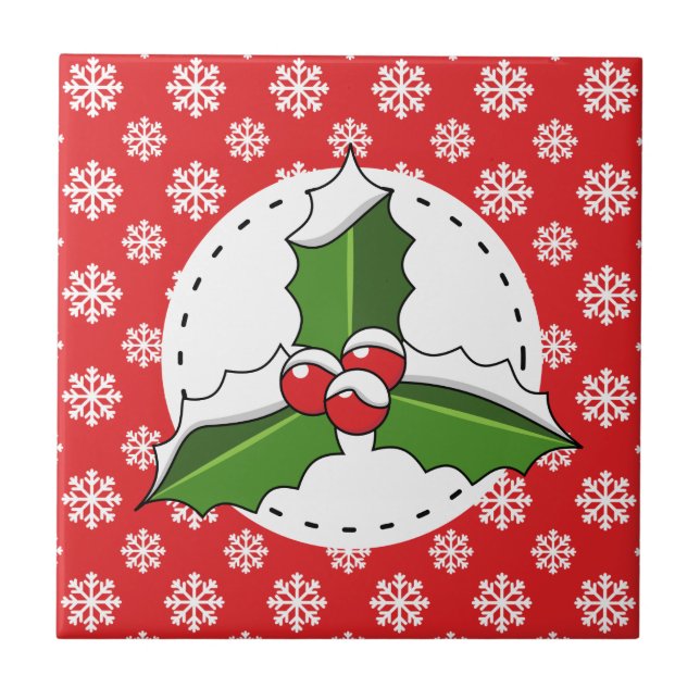 Holly Berry on Red White Snowflakes Pattern Kakelplatta (Framsidan)