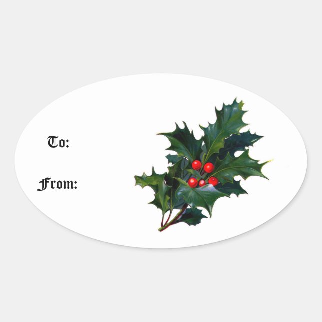 Holly Berry Oval Stickers Ovalt Klistermärke (Framsida)