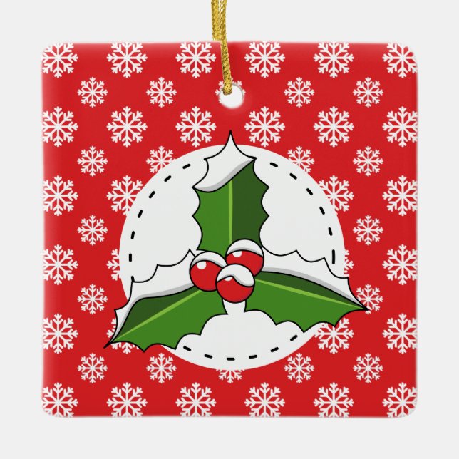 Holly Berry på Red White Snöflingor Mönster Julgransprydnad Keramik (Framsida)