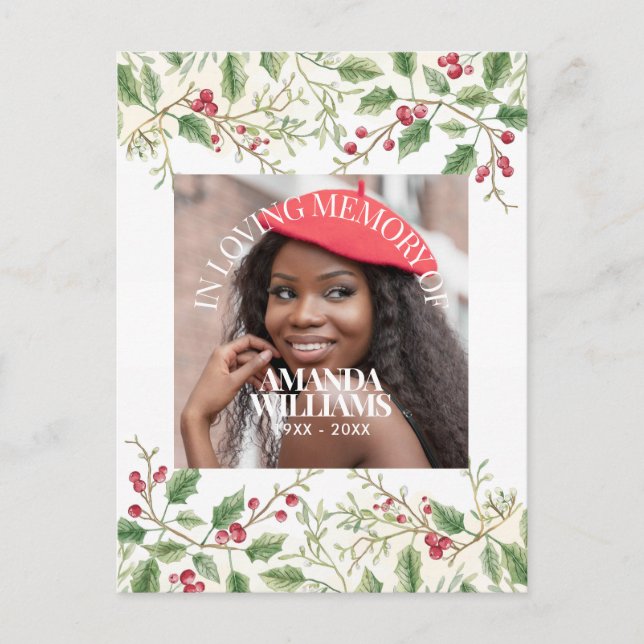 Holly Berry Personalized Photo Memorial Christmas Vykort (Framsida)