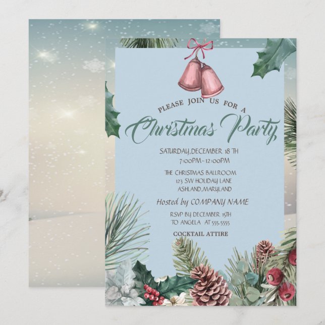 Holly Berry Pinecones Bell Company Julfest Inbjudningar (Fram/baksida)
