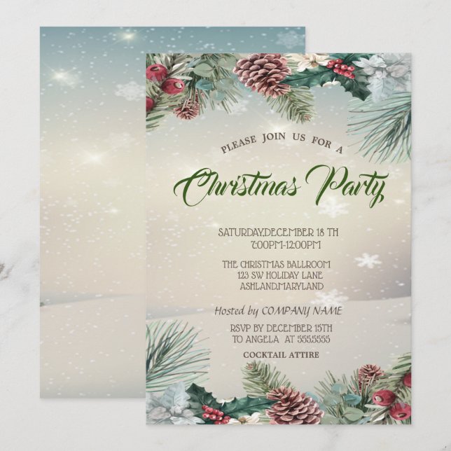 Holly Berry Pinecones Company jul Party Inbjudningar (Fram/baksida)
