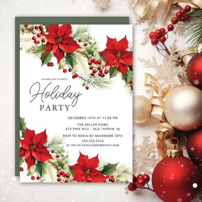 Holly Berry Poinsettia Julfest Inbjudningar (Skapare uppladdad)