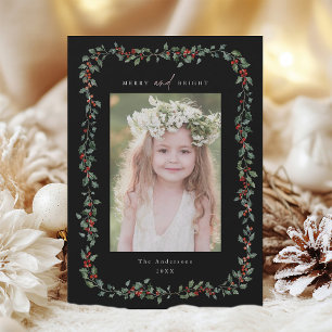 Holly Berry Ram Merry & Bright Photo Black Julkort