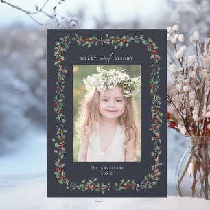 Holly Berry Ram Merry & Bright Photo Navy Julkort