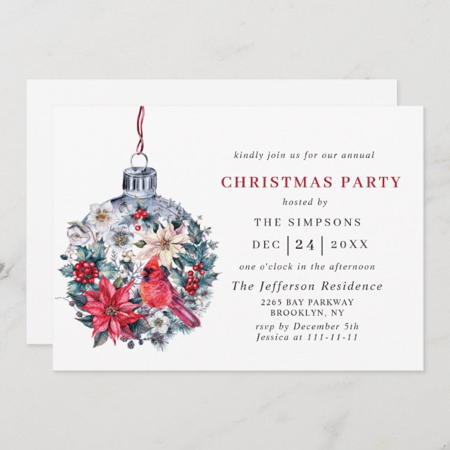 Holly Berry Red Cardinal-Julfesten Julen Inbjudningar (Fram/baksida)